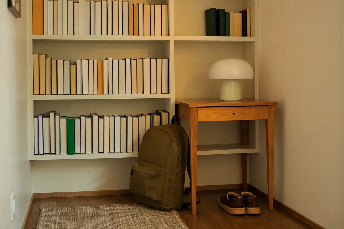 Una mochila junto al escritorio de lectura de un menor, como ejemplo de una rutina escolar constante