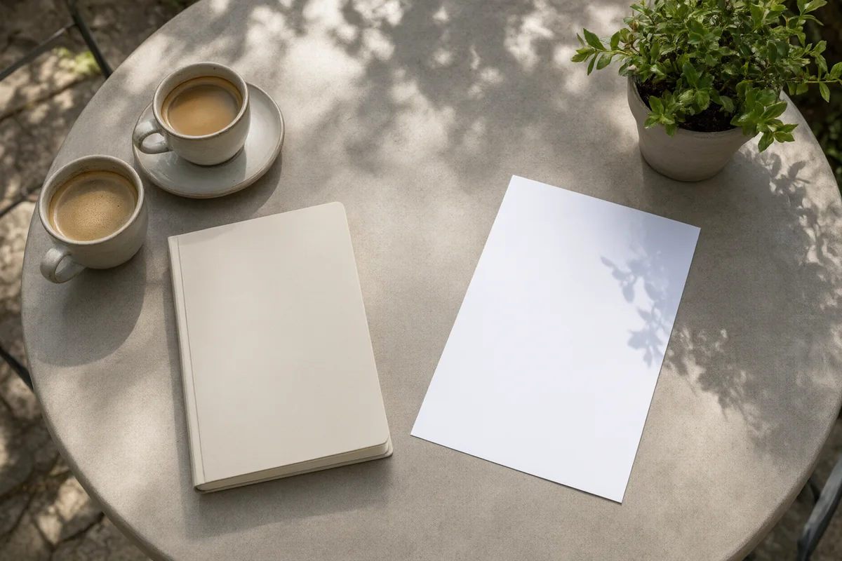 Un cuaderno y una hoja en blanco sobre una mesa entre dos tazas de café para una conversación financiera de pareja