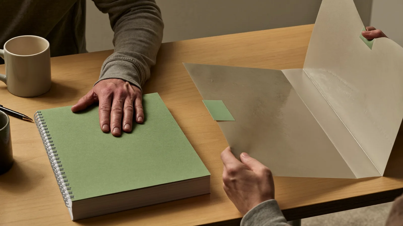 Two people's hands at a table with a closed spiral-bound book and an open folder