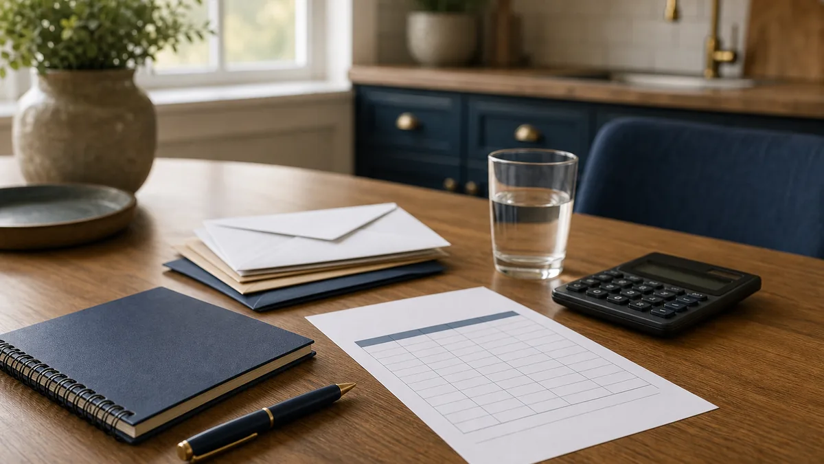 Cuaderno de presupuesto del hogar, calculadora y hoja de cálculo que representan los gastos en la manutención para un hijo adulto con discapacidad en Florida