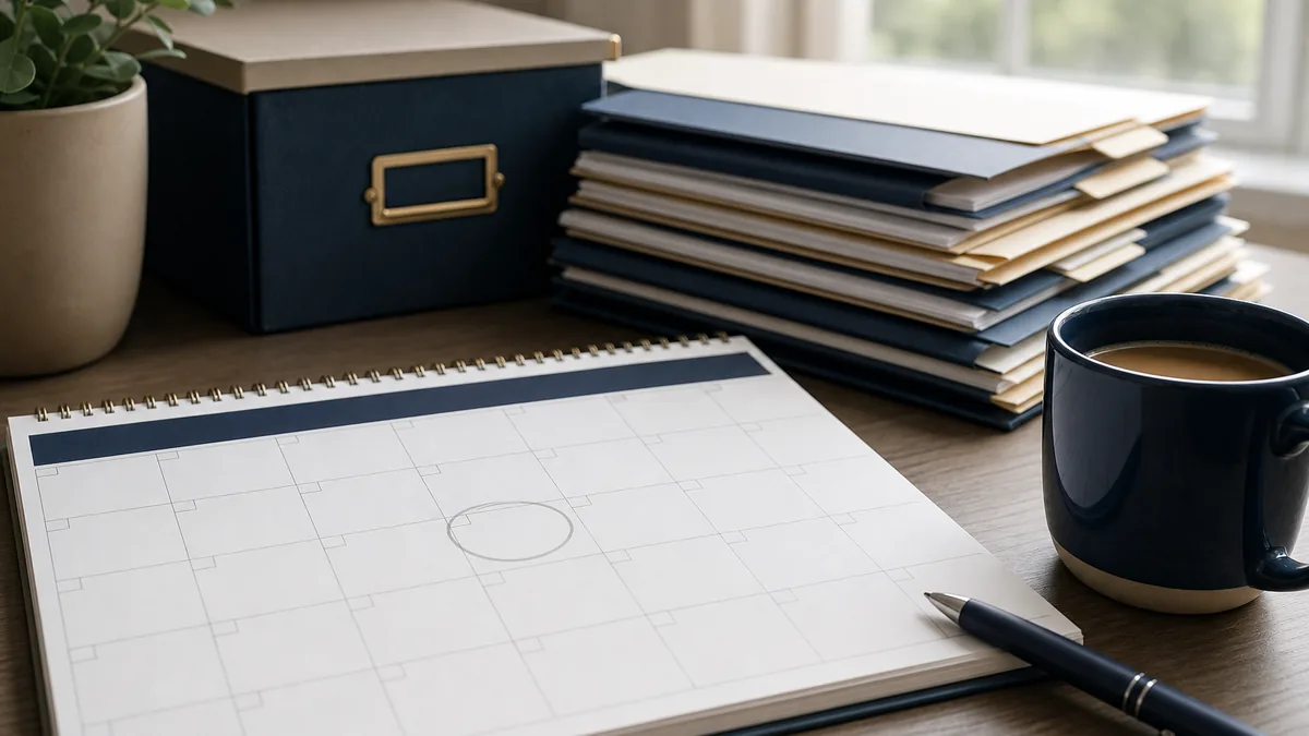 Calendario con una fecha marcada junto a carpetas de documentos que representan la manutención para un hijo adulto con discapacidad en Florida