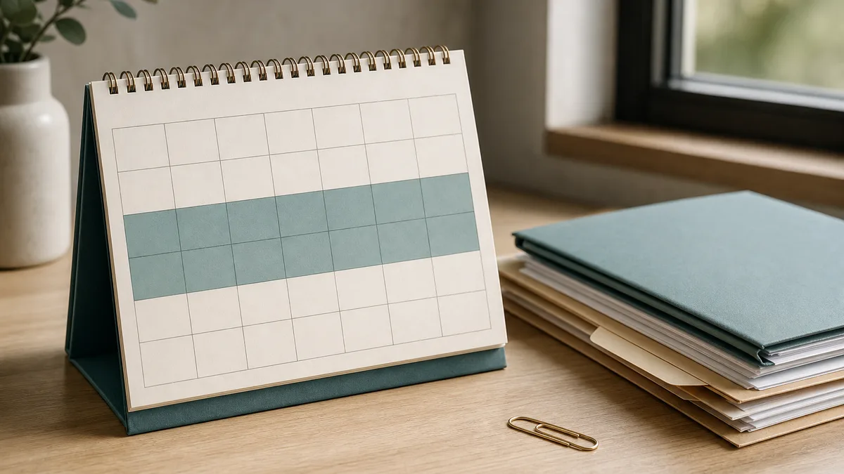 Calendario de escritorio con un periodo de días resaltado junto a una carpeta de documentos, que representa el plazo de 45 días del curso para padres en Florida
