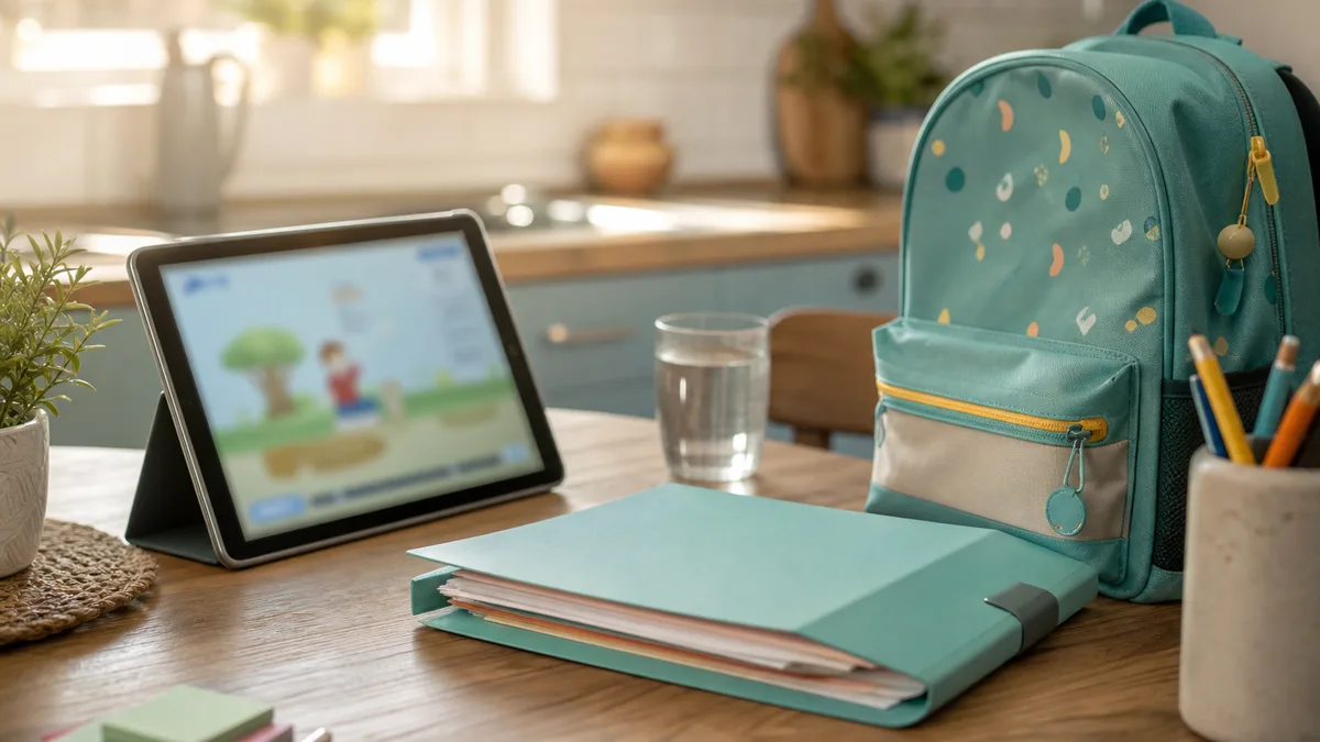 Tableta sobre una mesa de cocina con una carpeta y una mochila infantil, que representa un curso para padres en Florida en línea para padres que se divorcian