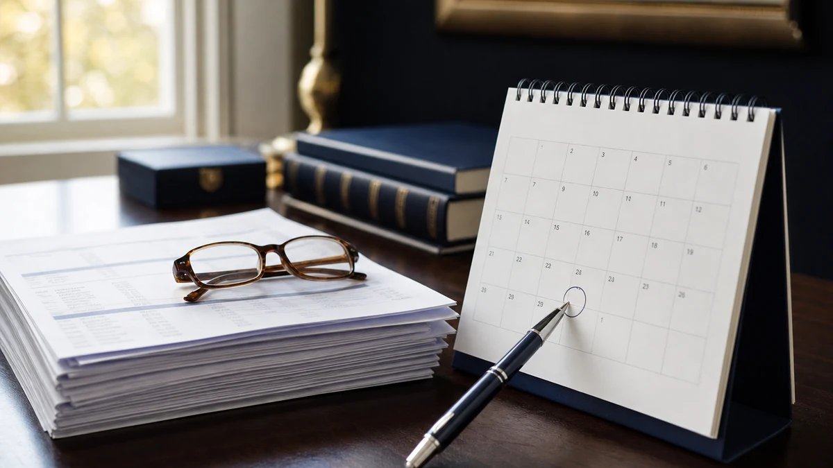 Desk calendar and financial statements representing the six-month filing window for modifying alimony at retirement in Florida